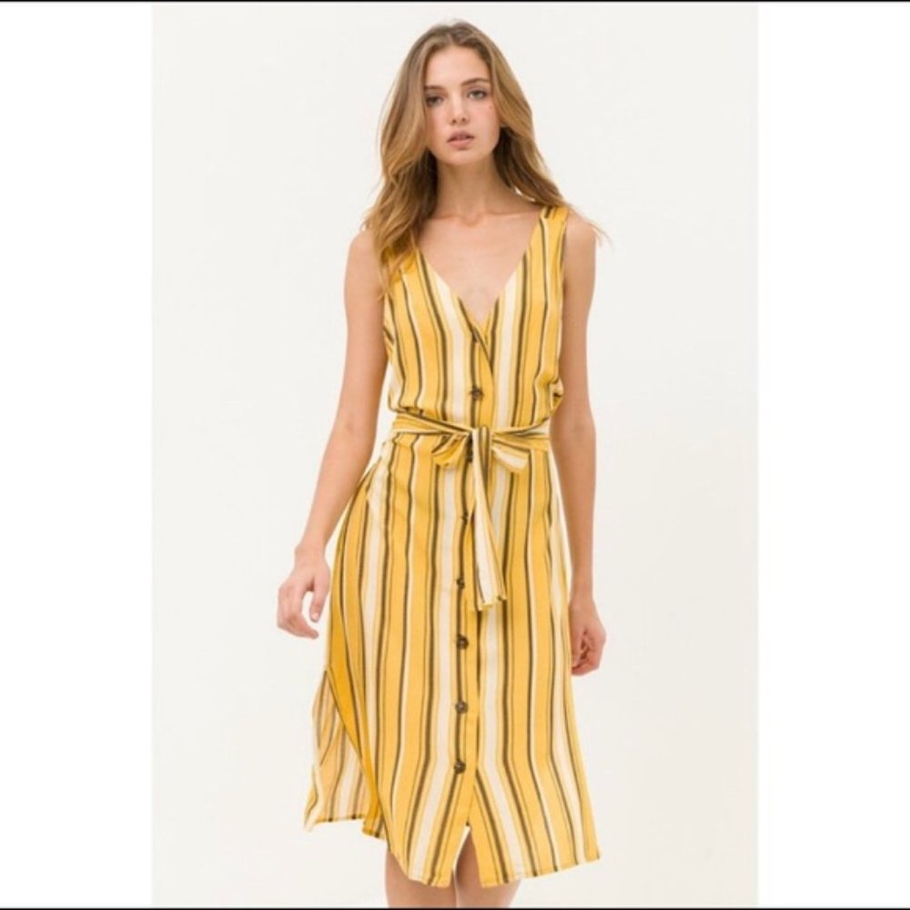 Yellow V-Neck Button-Up Belted Midi Dress